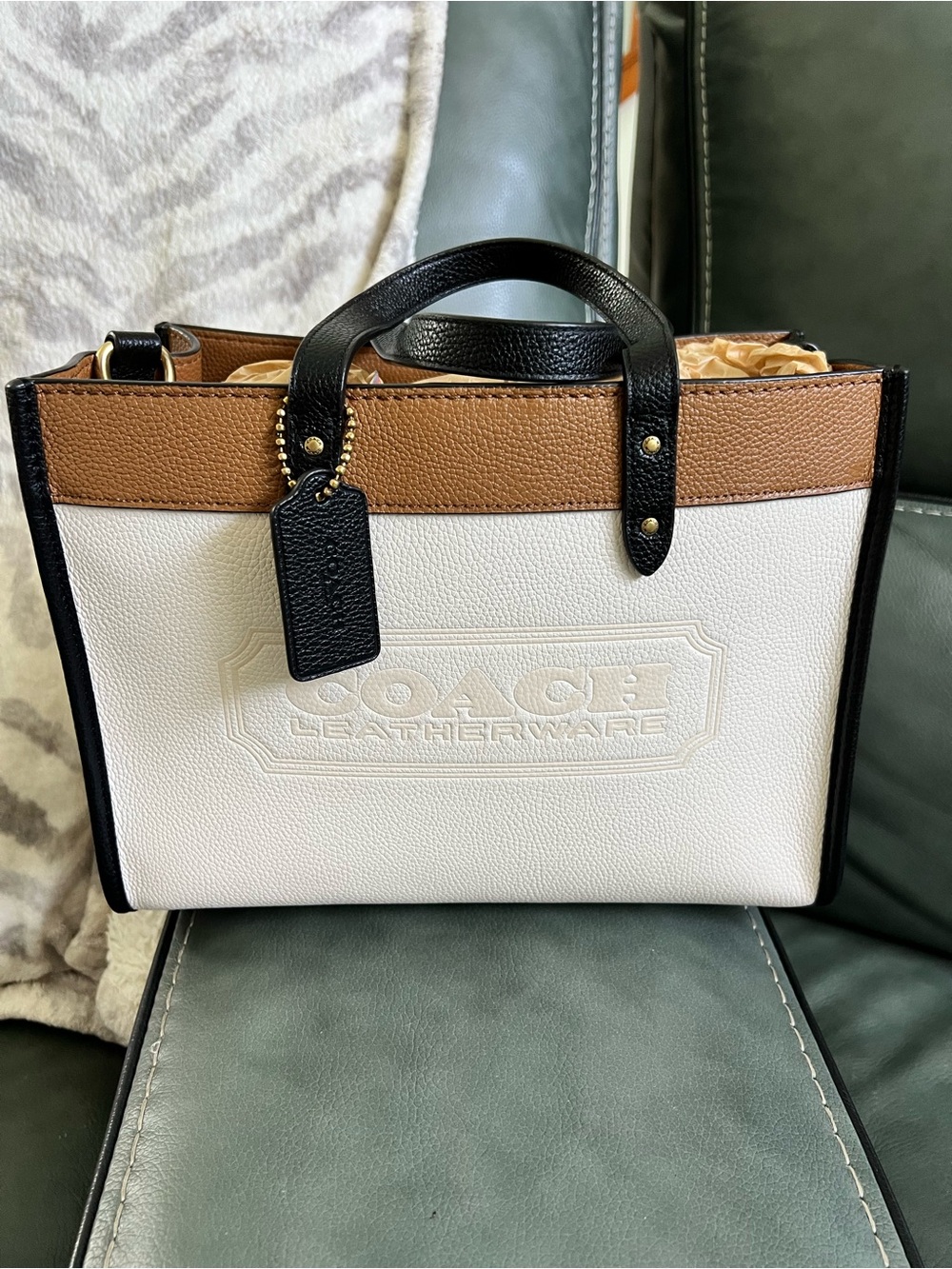 COACH Tri-Color Leather Tote in White, Tan & Black